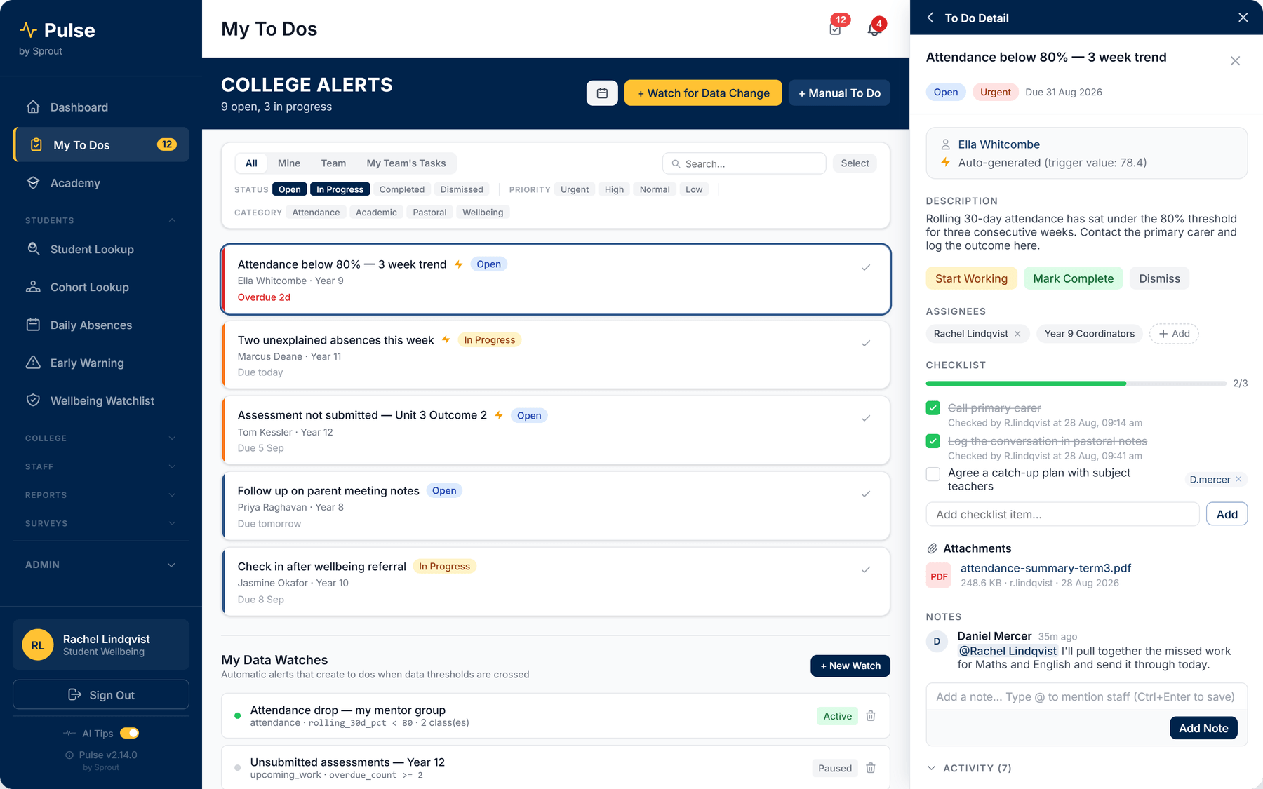 The My To Dos queue in Pulse. A list of generated tasks, each naming a student and a due date, with one open in a detail panel showing its trigger value, assignees, checklist, attachments and notes.